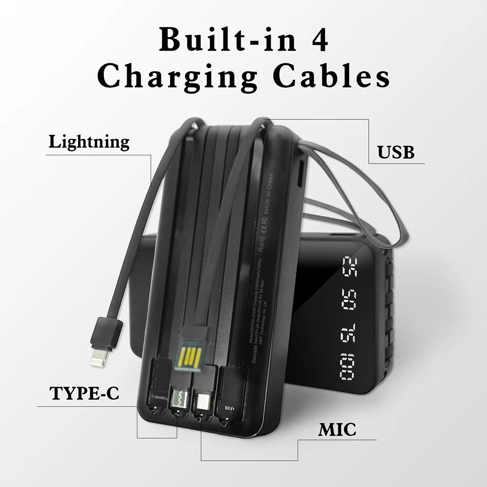 20000mAh Power Bank Portable Charger Backup LED Digital Display External Battery 4in1 Cable Mobile Power