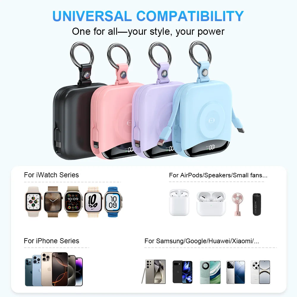 10000mAh Power Bank for Apple Watch Wireless Charger Built-in Lightning & Type-C Cables, LED Digital Display,Compact Keychain