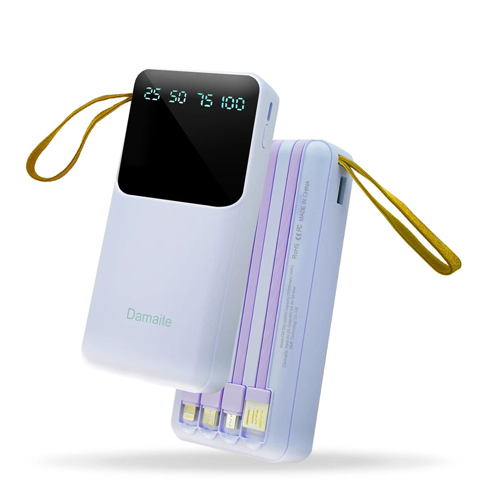 20000mAh Power Bank Portable Charger Backup LED Digital Display External Battery 4in1 Cable Mobile Power