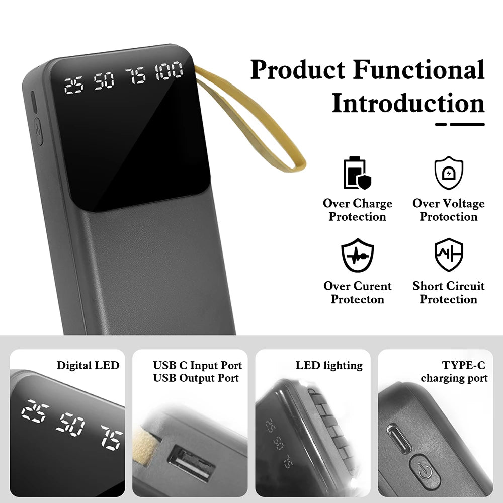 20000mAh Power Bank Portable Charger Backup LED Digital Display External Battery 4in1 Cable Mobile Power