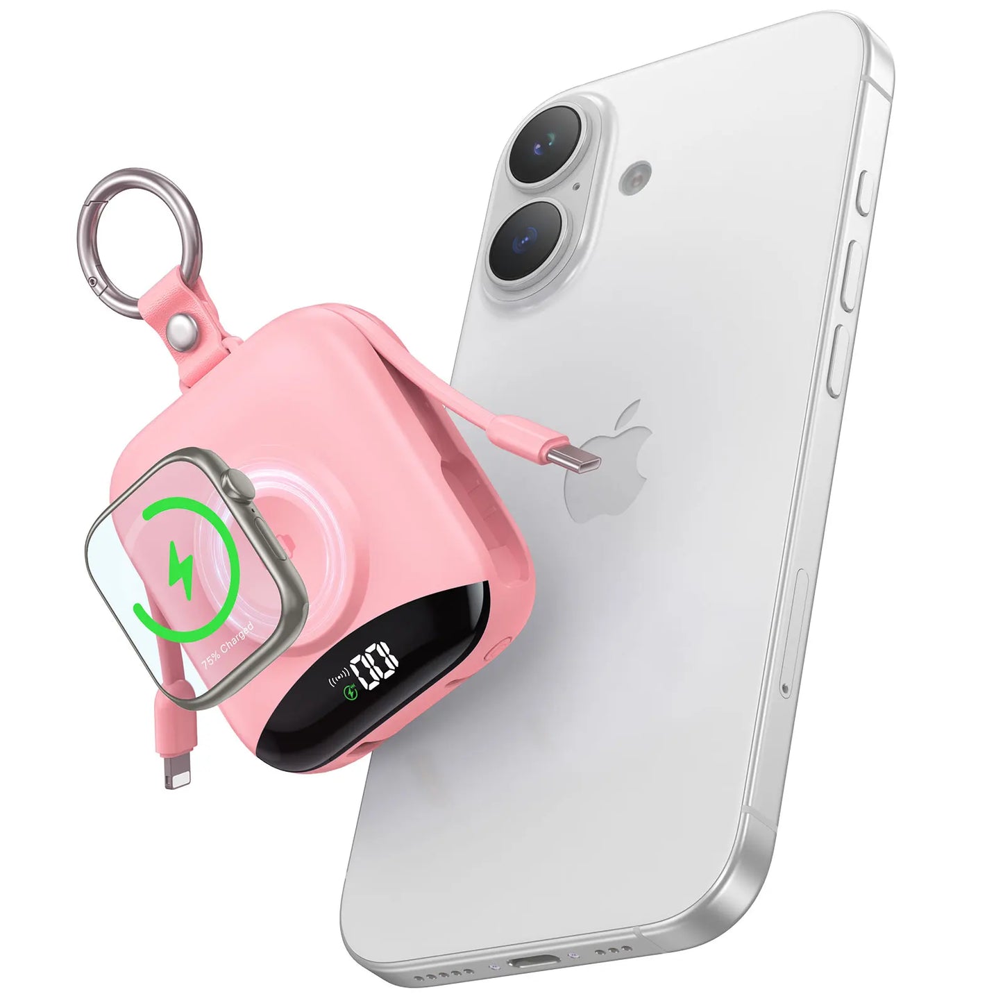 10000mAh Power Bank for Apple Watch Wireless Charger Built-in Lightning & Type-C Cables, LED Digital Display,Compact Keychain