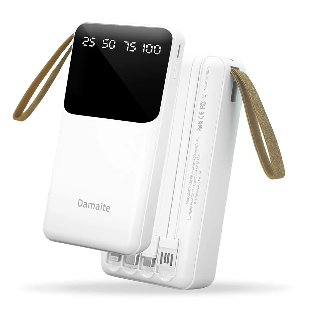 20000mAh Power Bank Portable Charger Backup LED Digital Display External Battery 4in1 Cable Mobile Power