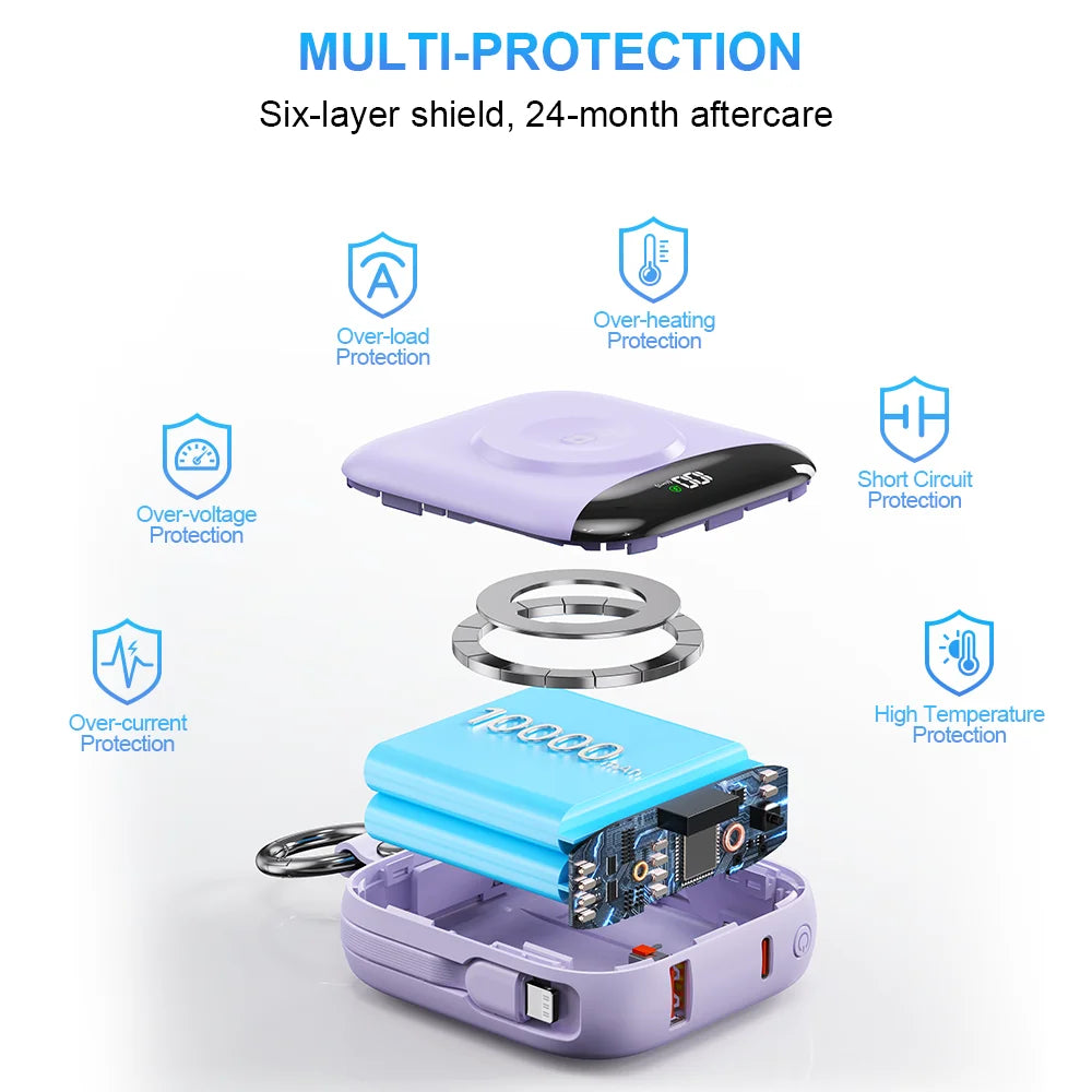 10000mAh Power Bank for Apple Watch Wireless Charger Built-in Lightning & Type-C Cables, LED Digital Display,Compact Keychain