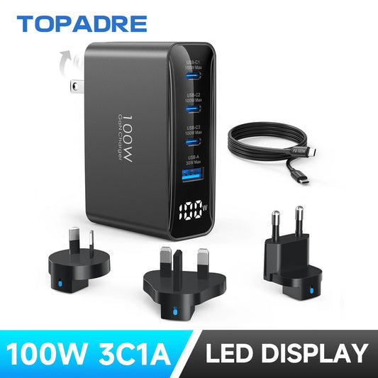 100W USB C Travel Charger, 4-Ports Foldable Travel Adapter Plug Converter With UK/EU/AU Plugs, Fast Charging For IPad iPhone