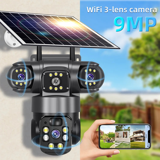 9MP Full HD Solar WiFi Camera 3 Screen 3 Lens 10X Zoom PIR Human Detect Camera Surveillance Night Vision Security Protection